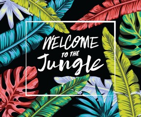 welcome to the jungle banner, vibrant palm leaf appliques and tropical plants, chlorophyll color and nouveau peach shade