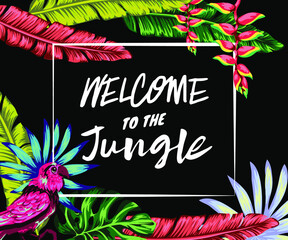 welcome to the jungle banner, vibrant palm leaf appliques and tropical plants, chlorophyll color and nouveau peach shade