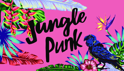 jungle punk banners for social media, tropical jungle decoration in bright colors, banner design for various purposes.