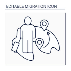 Internal migration line icon.Domestic migration. Human movements within the country. Travel for training and economic improvement. Immigration concept. Isolated vector illustration. Editable stroke