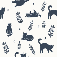 Naklejka premium Seamless pattern with cats and leaves. Trendy scandinavian vector background. Perfect for kids apparel,fabric, textile, nursery decoration,wrapping paper.