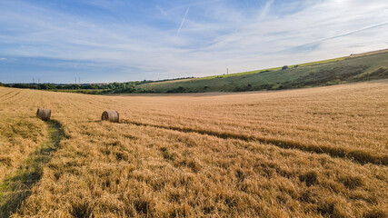Hay rolls in the farm field forgotten or lost by tractor, West Sussex, UK.