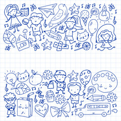 Vector pattern with items for school. Online internet education, e-learning.