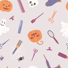 Seamless pattern with pumpkin and hair salon accessories, hair dryer, comb, scissors, barber tools. Happy Halloween day, vector for textiles, background, wrapping paper, backdrop.