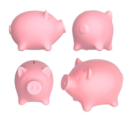 Pink ceramic piggy bank, 4 views from different sides. Isolated on white background. 3d rendering illustration. 
