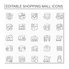 Naklejka na ściany i meble Shopping mall line icons set. Area containing shops and restaurants. Entertainment zone. Parking. Mall complex concept. Isolated vector illustration. Editable stroke