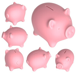 Pink ceramic piggy bank, 6 views from different sides. Isolated on white background. 3d rendering illustration. 
