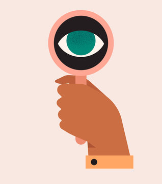 Hand holding magnifying glass, a big eye looking through a lens. Concept of search, research, view. Checking data or information, zooming, focusing. Isolated vector illustration