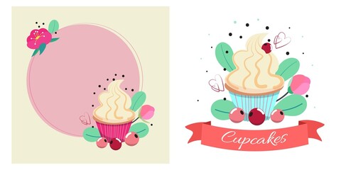 Fototapeta na wymiar Delicious cupcakes with butter cream topping, leaves, flowers, berries and hearts. Pastry shop banner with cupcake. Menu card for cupcake shop. Sweet dessert with love. Valentine's day. 