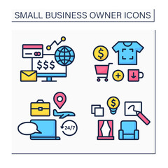 Small business owner color icons set. Printing on products, interior designer, ecommerce business, travel consultation. Professions concept. Isolated vector illustrations
