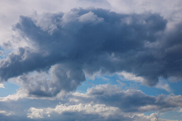 Blue sky with fluffy clouds. Colorful cloudscape background.