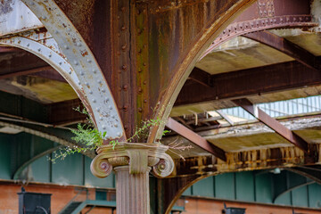 Rusting but beautiful columns in the old and abandoned jersey city railway station