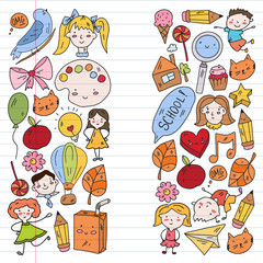 Kindergarten little children play at the park. Online education.