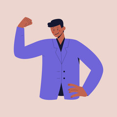 A black man in a business suit raised fist with confidence. Colorful flat vector illustration on isolated background. Eps 10.