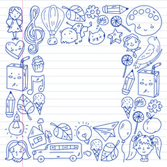 Kindergarten little children play at the park. Online education.