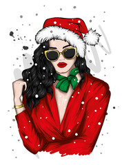 A beautiful girl in stylish clothes and a New Year's hat. New Year and Christmas, Santa Claus. Fashion & Style.