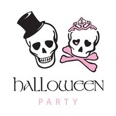 Halloween logo. Gentleman and lady skeleton icon. Smile sculls with had hat and princess crown. 