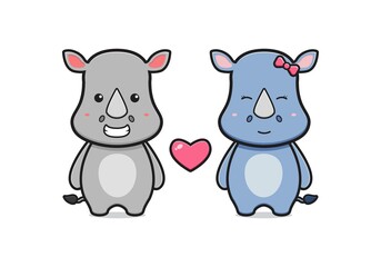 Cute rhino couple cartoon icon illustration