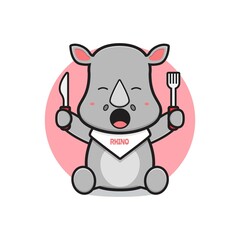 Cute rhino ready to eat cartoon icon illustration