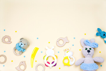 A set of toys, accessories and children's things. The concept of a child's play. Flat lay, top view