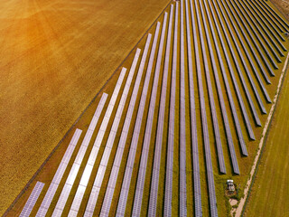 Solar panels field (solar cell) from above. Alternative energy, ecology power conservation concept....
