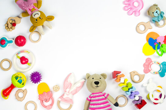 A set of children's things, toys and accessories on a white background. Flat lay, top view