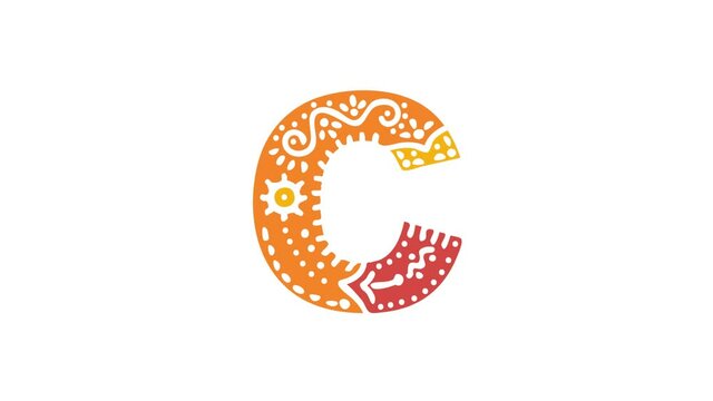 Letter C. Ethnic ornament, national pattern in letter. 3 colors. 4K video. Isolated on white background. Cartoon Animation. Capital Letter C for education, erudition, ABC, software, interface game.