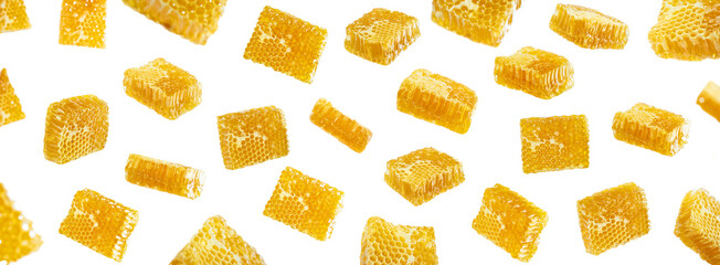 Creative layout made of floating Honeycombs and flying sweet sticky honey puddle isolated on white...