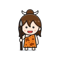 Cute primitive cave girl holding spear cartoon icon illustration
