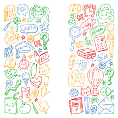 Back to school. Vector illustration with icons about education. English learning. Online internet courses.