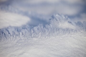 White ice crystals in bright sunlight. Macro photography of ice crystal texture. Snow crystals...
