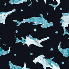 Fototapeta premium Seamless cute sea animals pattern. Vector watercolor background with shark, skate, sawfish.