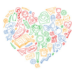 Back to school. Vector illustration with icons about education. English learning. Online internet courses.