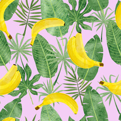 Seamless tropic pattern with bananas and leaves. Vector summer fruit illustration.