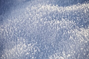 White ice crystals in bright sunlight. Macro photography of ice crystal texture. Snow crystals close-up on a bright frosty winter day. White sparkling snow surface close up. Abstract snowy pattern.