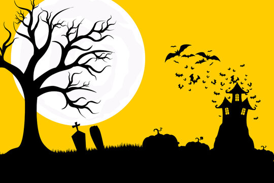 Happy Halloween with spooky tree and bats, orange background illustration