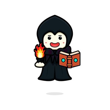 Cute witch magician cast fire spell cartoon icon illustration
