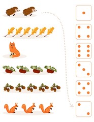 Worksheet for teaching mathematics and numeracy on the topic of autumn. For preschool children and kindergarten children who study numbers and counting. Vector illustration