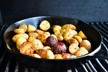 Fall Harvest vegetables roasting on bbq grill for simple, rustic family meal.