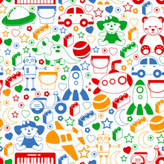 Vector pattern with the collection of toys. Doll, submarine, plane, ship. Children and kindergarten illustration.