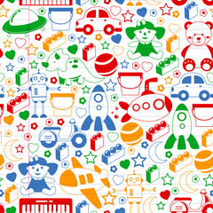 Vector pattern with the collection of toys. Doll, submarine, plane, ship. Children and kindergarten illustration.