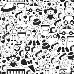 Vector pattern with the collection of toys. Doll, submarine, plane, ship. Children and kindergarten illustration.