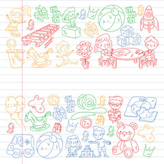 Children play with toys in the kindergarten. Kids playground. Education, creativity, imagination.