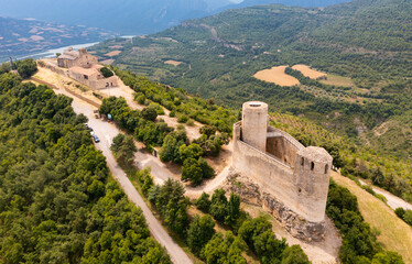 Fototapeta na wymiar View from drone old Mur castle in spanish municipality Castell de Mur in Catalonia, Spain