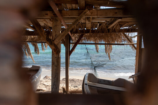 Fisherman's house on Migjorn beach in Formentera, Spain in summer
