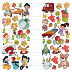 Fototapeta premium Children play with toys in the kindergarten. Kids playground. Education, creativity, imagination.
