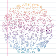 Children play with toys in the kindergarten. Kids playground. Education, creativity, imagination.