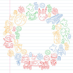 Children play with toys in the kindergarten. Kids playground. Education, creativity, imagination.