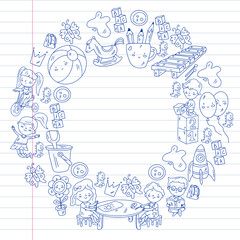 Children play with toys in the kindergarten. Kids playground. Education, creativity, imagination.