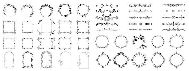 Ornamental dividers and floral borders set. Retro frame, or arch for a picture, diploma or certificate vignette ornate and royal wedding invitation card decor. Vector illustration